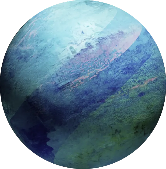 Abstract textured globe with blue, purple, and green watercolor brush strokes.